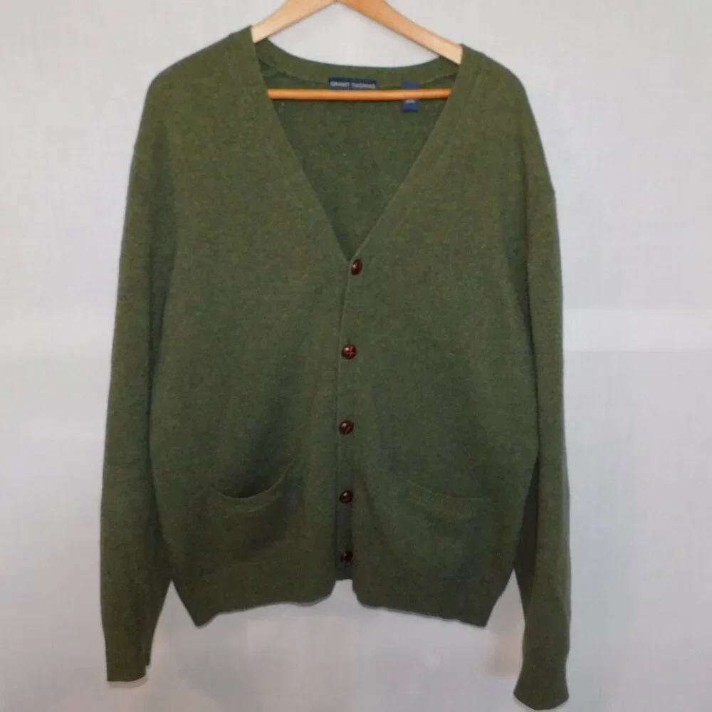 Grant Thomas Mens XL Green V neck 100% Wool Cardigan Grandpa Sweater - Picture 12 of 12